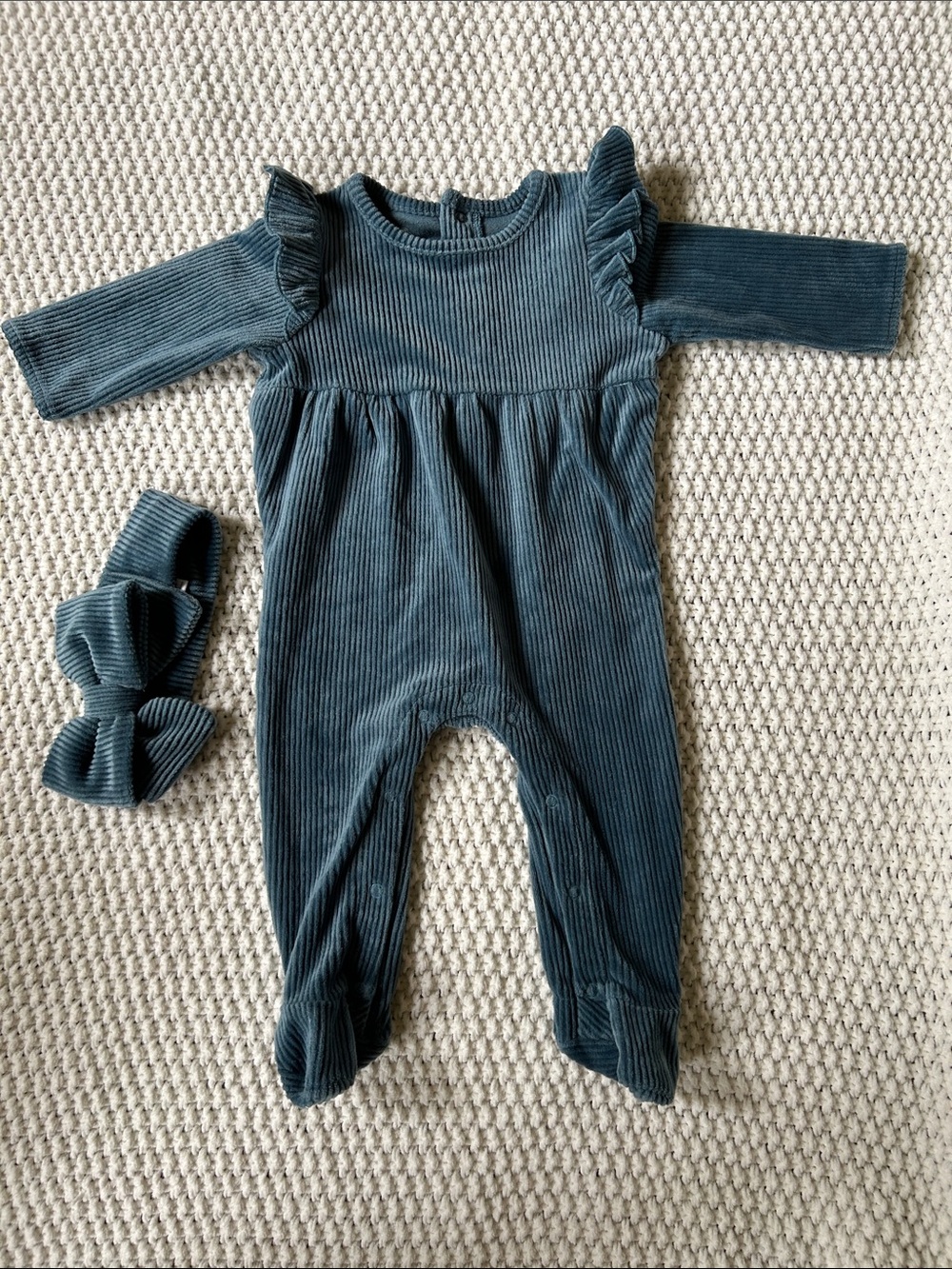 Baby Velour Ribbed One-Piece with Ruffle Shoulders - blue